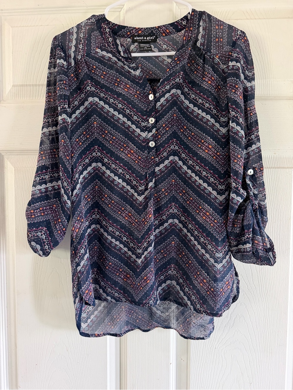 About A Girl Navy Chevron Henley Blouse with Pink Accents